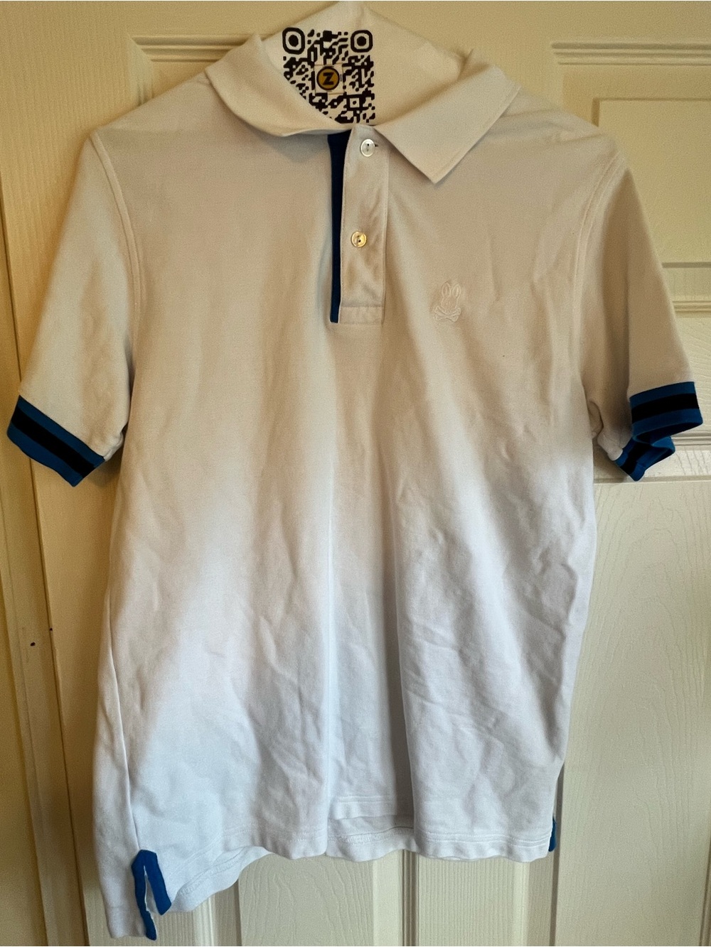 Psycho Bunny Classic White Polo Blue Black Striped Sleeve Trim Size 4